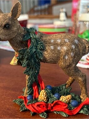 Brown Holiday Deer Figurine with Green Garland and Red Accents